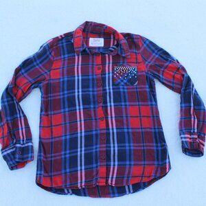 💙❤️Justice Girl's Rhinestone Pocket Plaid Flannel